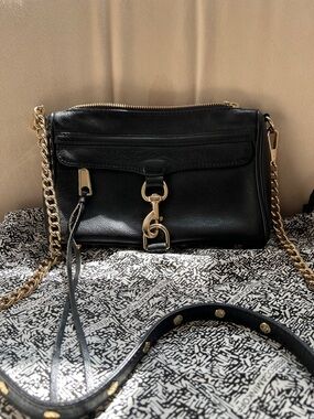 Rebecca Minkoff Black Leather Crossbody with Gold Chain